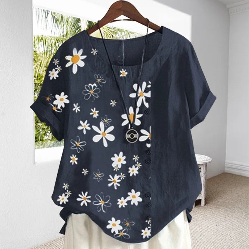 Women's Floral Blouse with Peter Pan Collar and Loose Short-Sleeve Fit