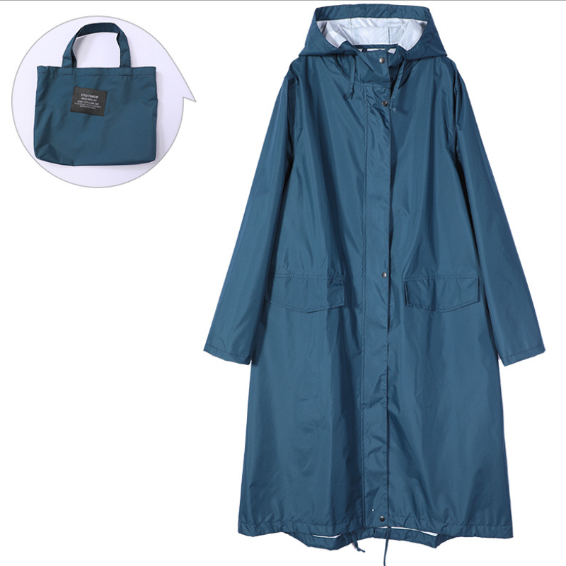 Women's Long Waterproof Raincoat with Hood, High Collar and Buttoned Pockets