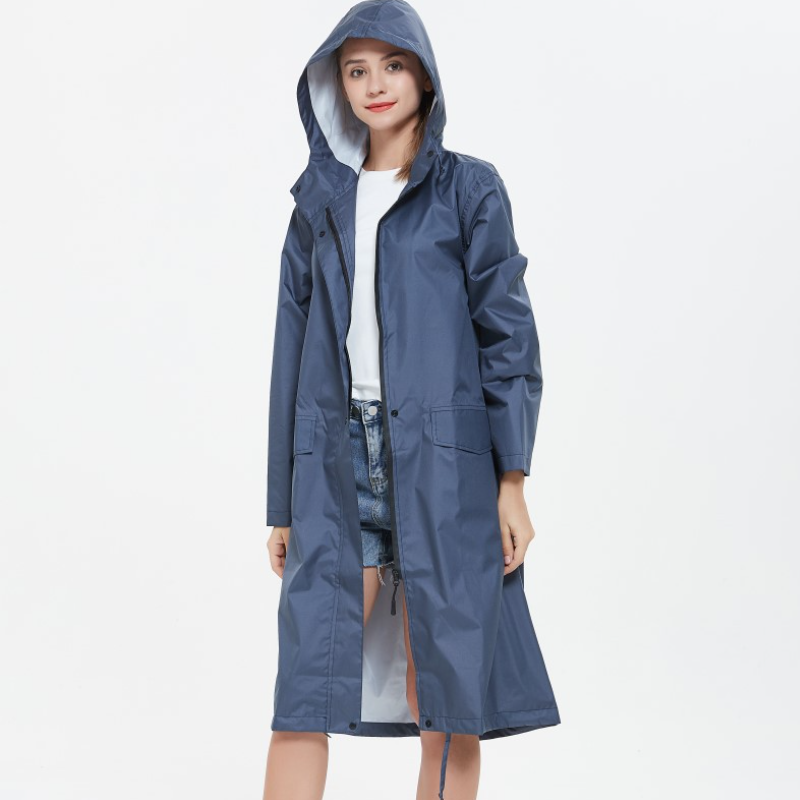 Women's Long Waterproof Raincoat with Hood, High Collar and Buttoned Pockets
