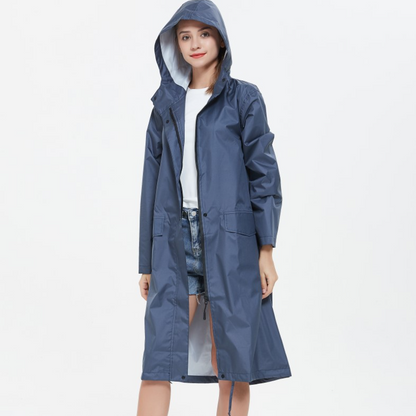 Women's Long Waterproof Raincoat with Hood, High Collar and Buttoned Pockets