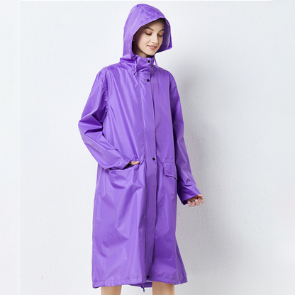 Women's Long Waterproof Raincoat with Hood, High Collar and Buttoned Pockets