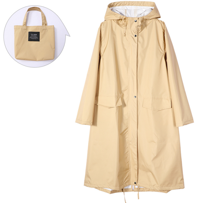 Women's Long Waterproof Raincoat with Hood, High Collar and Buttoned Pockets