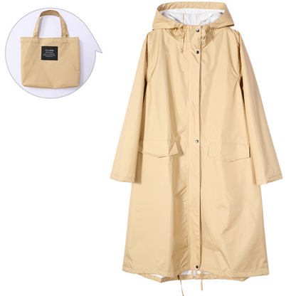 Women's Long Waterproof Raincoat with Hood, High Collar and Buttoned Pockets