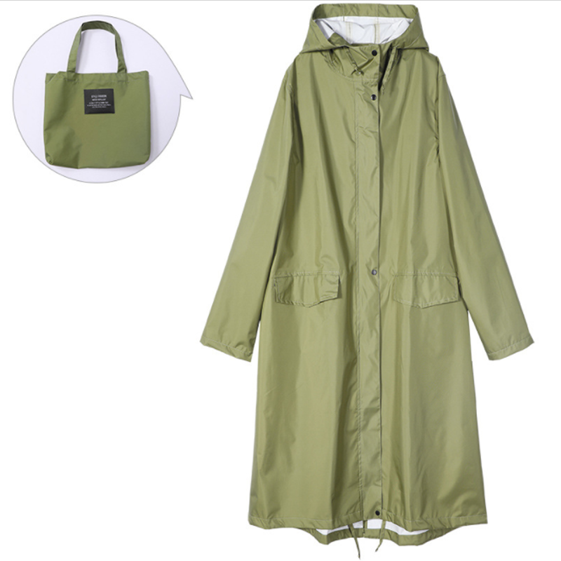Women's Long Waterproof Raincoat with Hood, High Collar and Buttoned Pockets