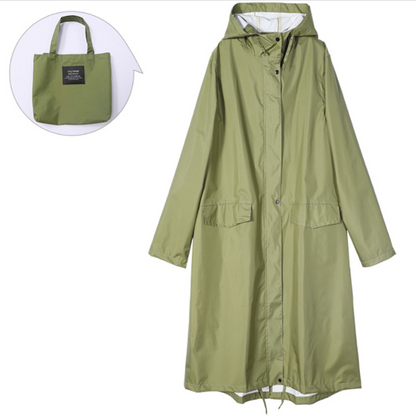 Women's Long Waterproof Raincoat with Hood, High Collar and Buttoned Pockets
