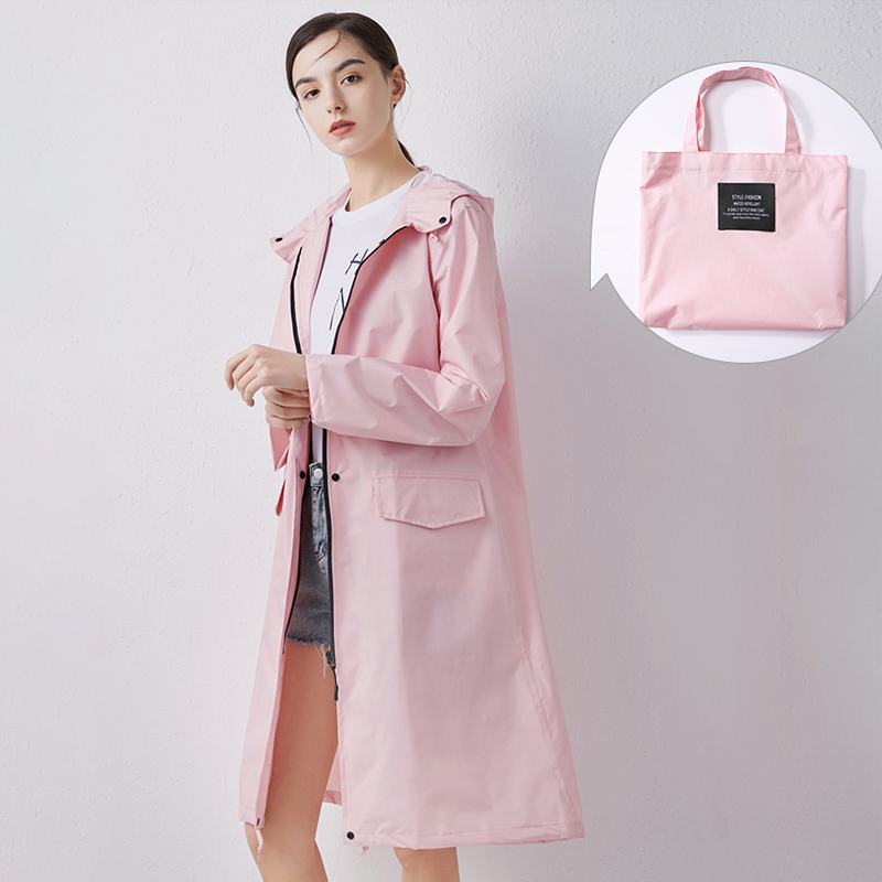 Women's Long Waterproof Raincoat with Hood, High Collar and Buttoned Pockets