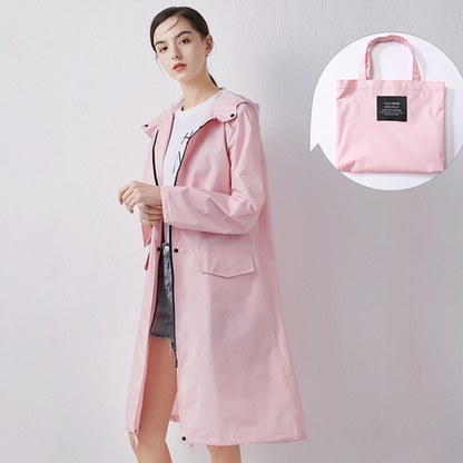 Women's Long Waterproof Raincoat with Hood, High Collar and Buttoned Pockets