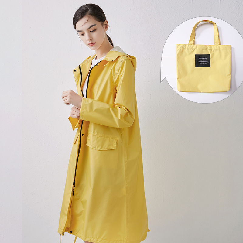 Women's Long Waterproof Raincoat with Hood, High Collar and Buttoned Pockets