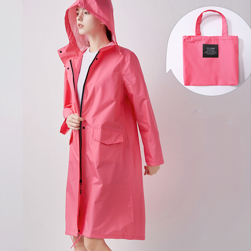 Women's Long Waterproof Raincoat with Hood, High Collar and Buttoned Pockets