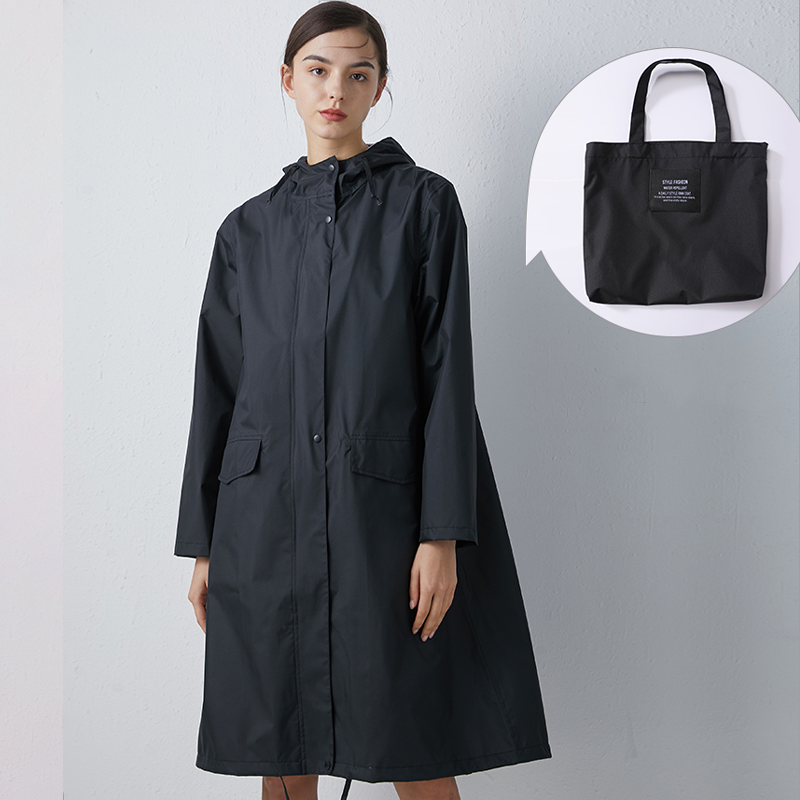 Women's Long Waterproof Raincoat with Hood, High Collar and Buttoned Pockets