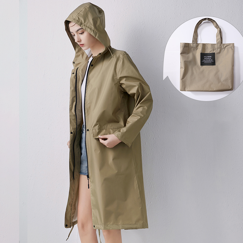 Women's Long Waterproof Raincoat with Hood, High Collar and Buttoned Pockets