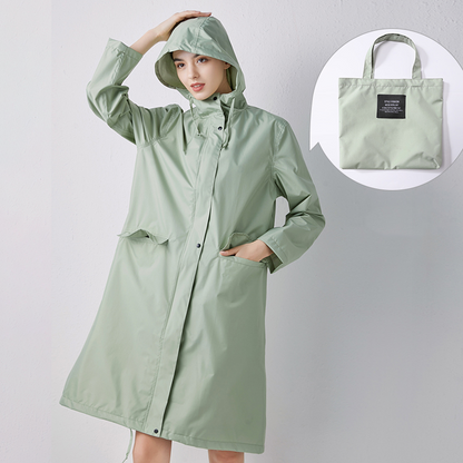 Women's Long Waterproof Raincoat with Hood, High Collar and Buttoned Pockets