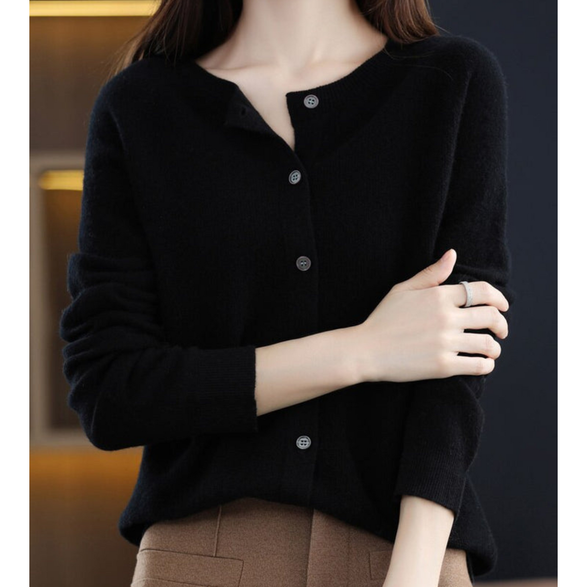Women's O-Neck Button Front Cardigan with Solid Colour Design