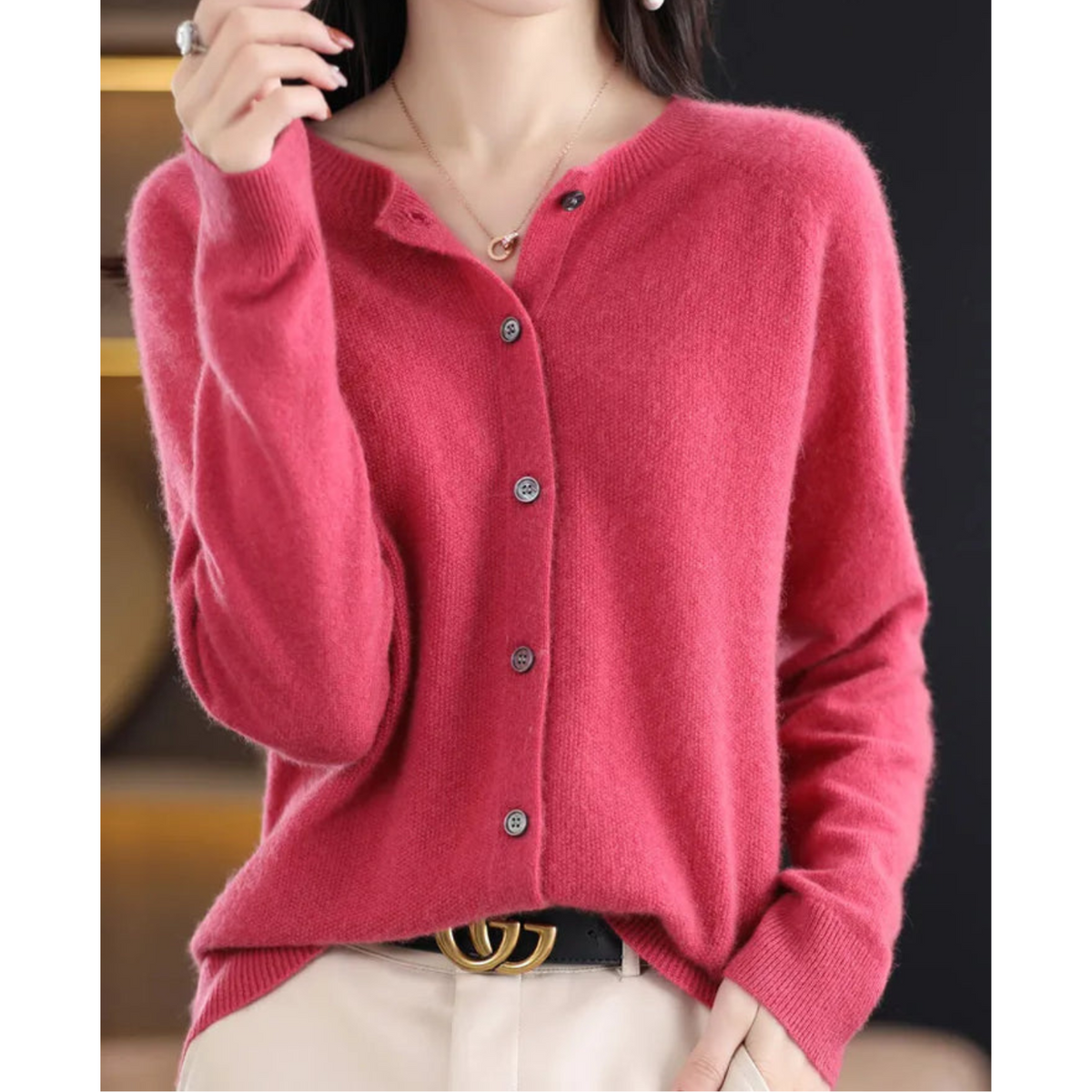 Women's O-Neck Button Front Cardigan with Solid Colour Design