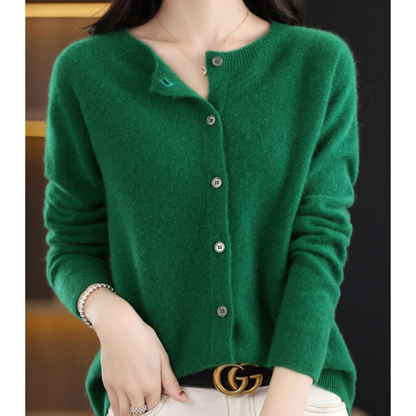 Women's O-Neck Button Front Cardigan with Solid Colour Design