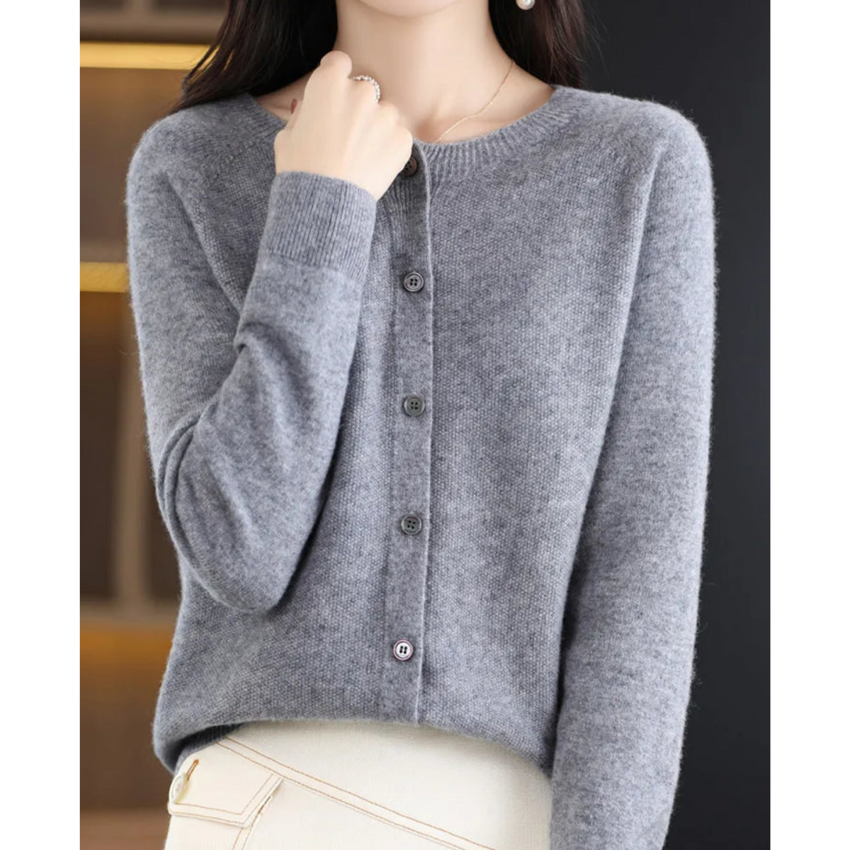 Women's O-Neck Button Front Cardigan with Solid Colour Design
