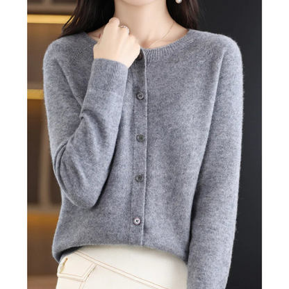 Women's O-Neck Button Front Cardigan with Solid Colour Design