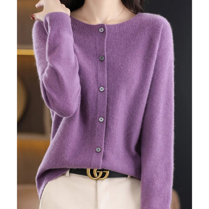 Women's O-Neck Button Front Cardigan with Solid Colour Design