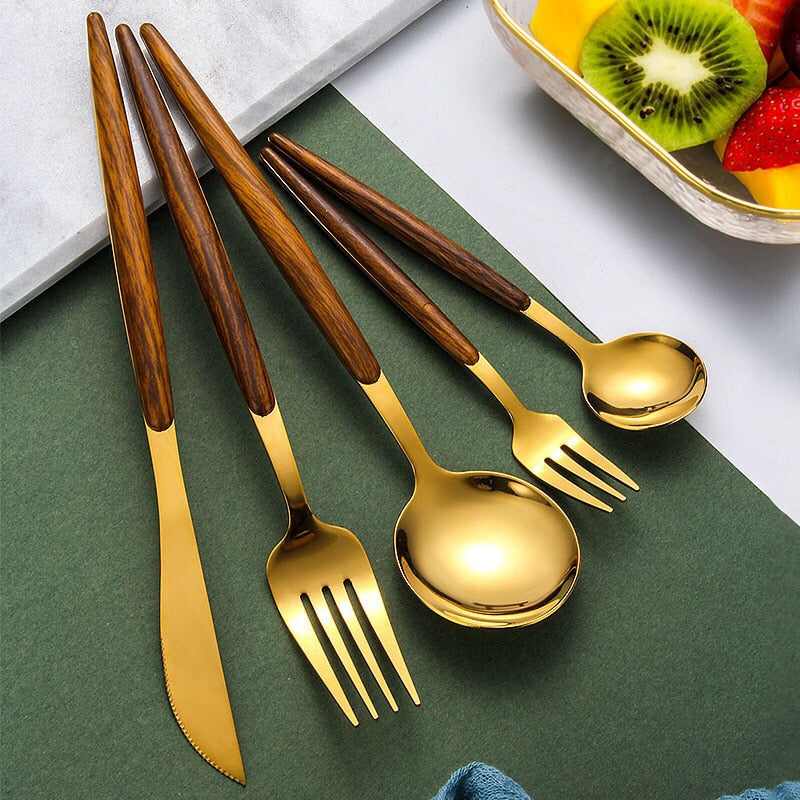 Wooden Handle Stainless Steel Cutlery Set with 5 Pieces