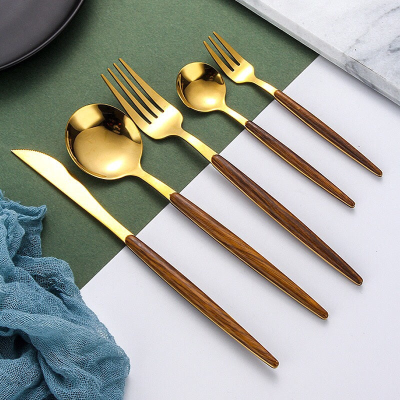 Wooden Handle Stainless Steel Cutlery Set with 5 Pieces