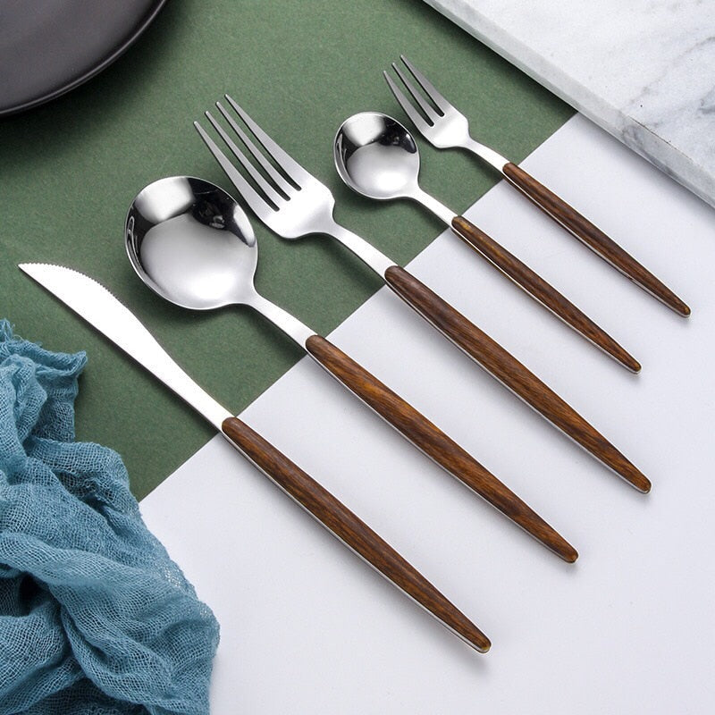 Wooden Handle Stainless Steel Cutlery Set with 5 Pieces