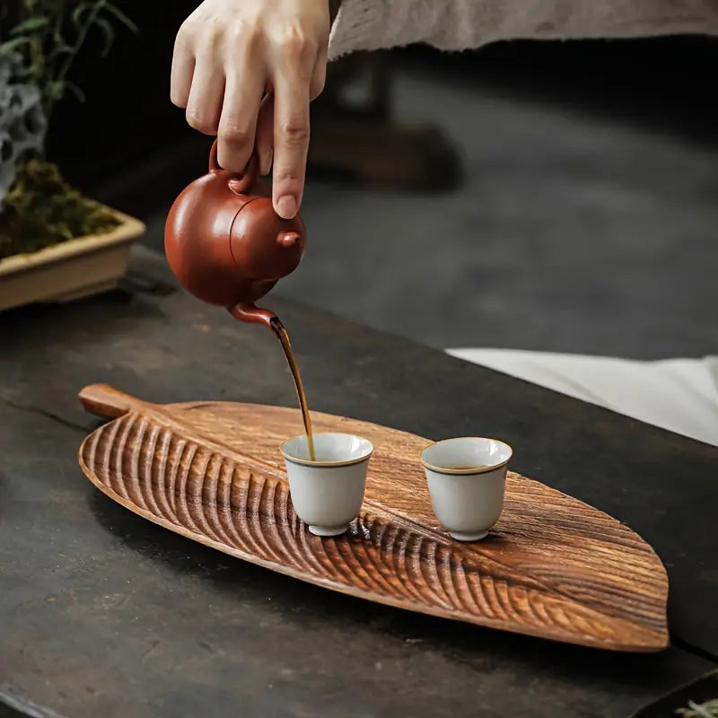 Wooden Leaf-Shaped Serving Tray – Natural Solid Wood Design with Comfortable Handles