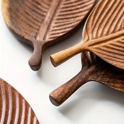 Wooden Leaf-Shaped Serving Tray – Natural Solid Wood Design with Comfortable Handles