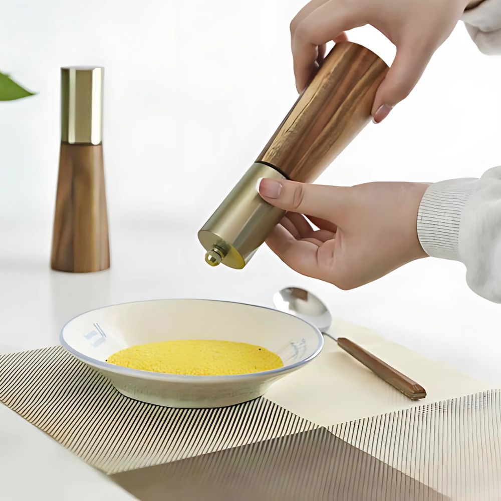 Wooden Pepper Mill with Adjustable Grind and Gold Stainless Steel Details