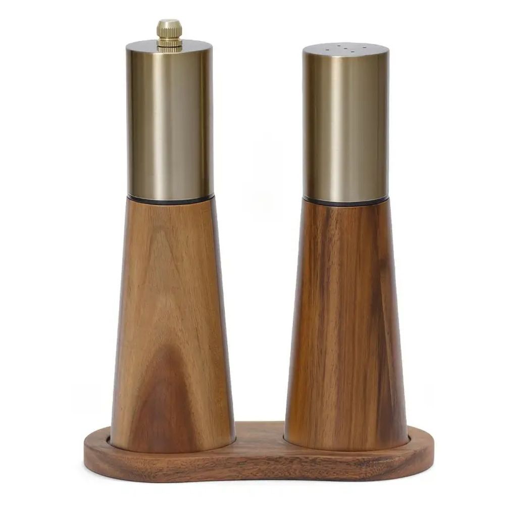 Wooden Pepper Mill with Adjustable Grind and Gold Stainless Steel Details