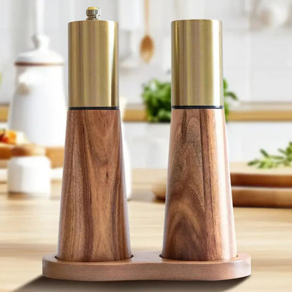 Wooden Pepper Mill with Adjustable Grind and Gold Stainless Steel Details