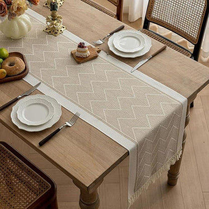 Woven Table Runner – Zigzag Texture with Fringed Edges in Sandstone Neutral