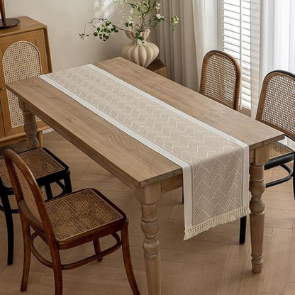 Woven Table Runner – Zigzag Texture with Fringed Edges in Sandstone Neutral