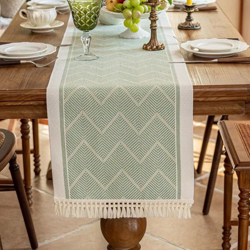 Woven Table Runner – Zigzag Texture with Fringed Edges in Sandstone Neutral
