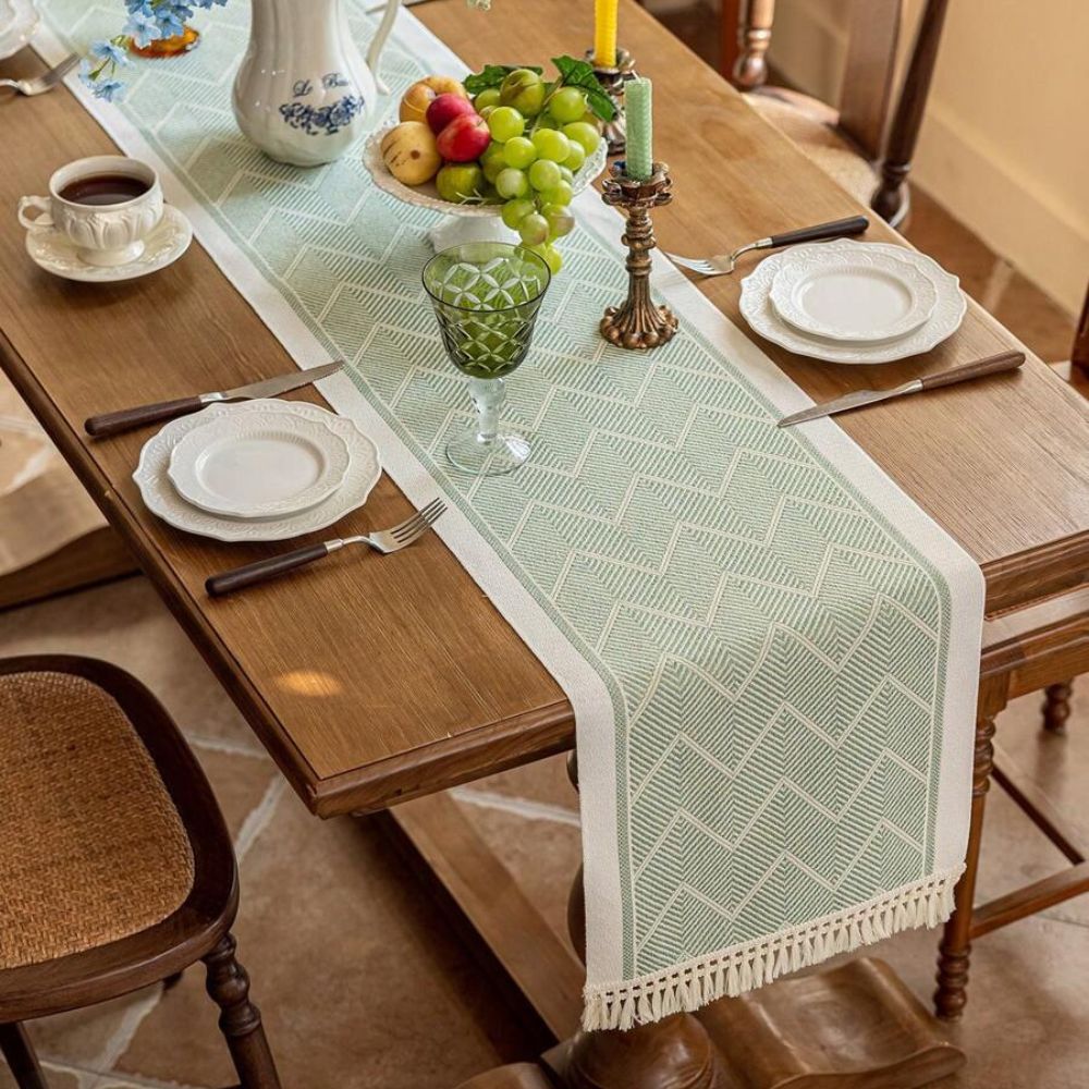 Woven Table Runner – Zigzag Texture with Fringed Edges in Sandstone Neutral
