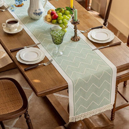 Woven Table Runner – Zigzag Texture with Fringed Edges in Sandstone Neutral