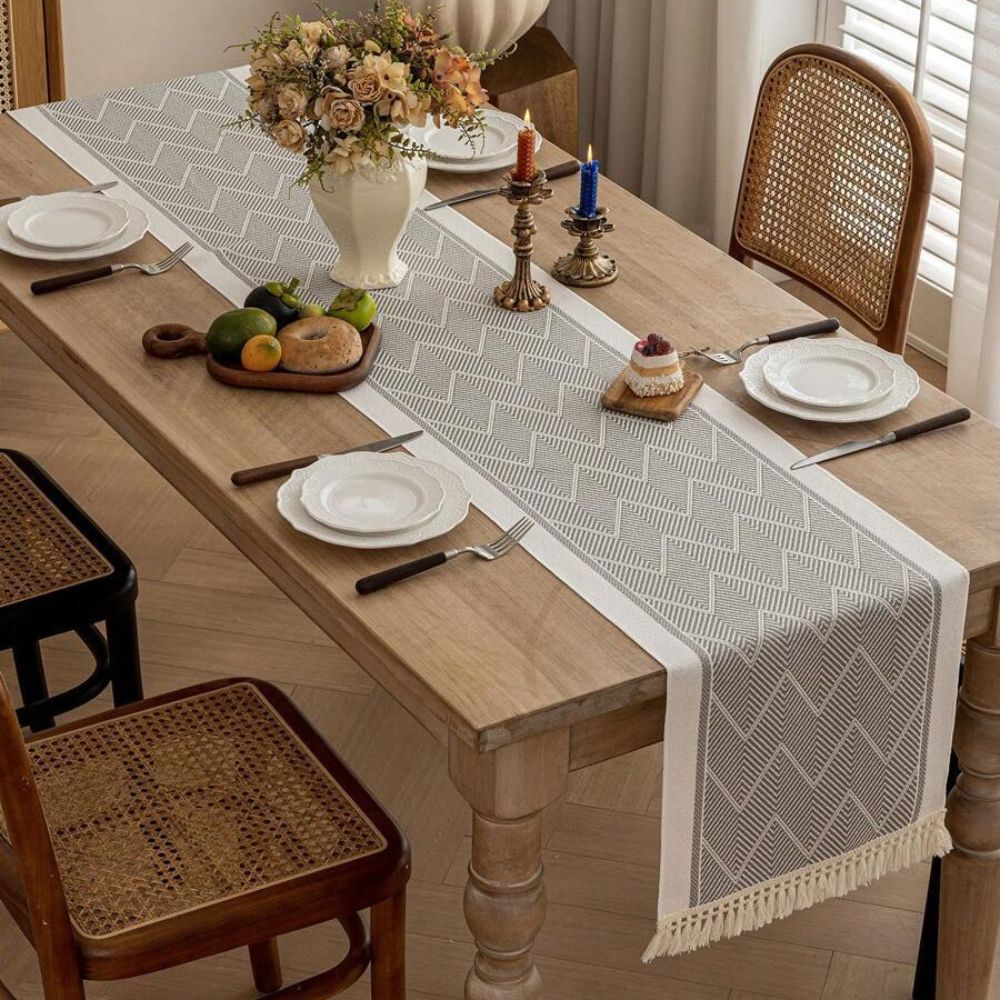 Woven Table Runner – Zigzag Texture with Fringed Edges in Sandstone Neutral