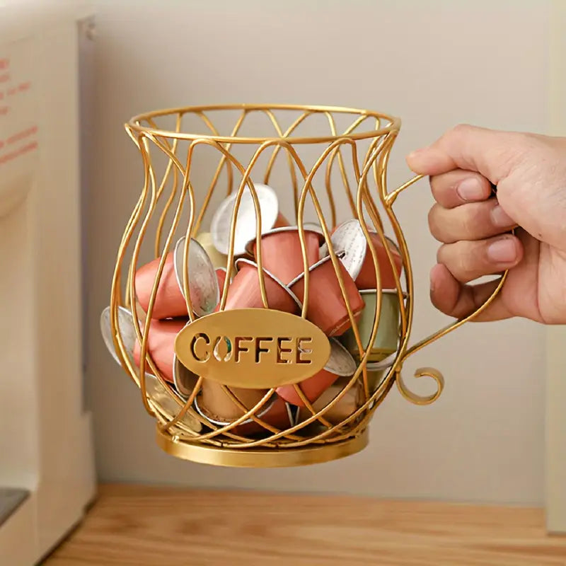 Wrought Iron Coffee Capsule Holder with Cup-Shaped Design and Handle