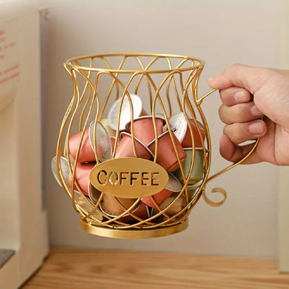 Wrought Iron Coffee Capsule Holder with Cup-Shaped Design and Handle