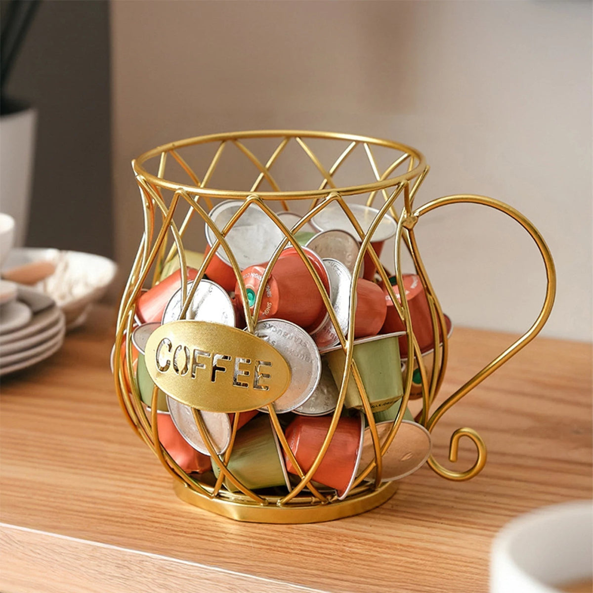 Wrought Iron Coffee Capsule Holder with Cup-Shaped Design and Handle