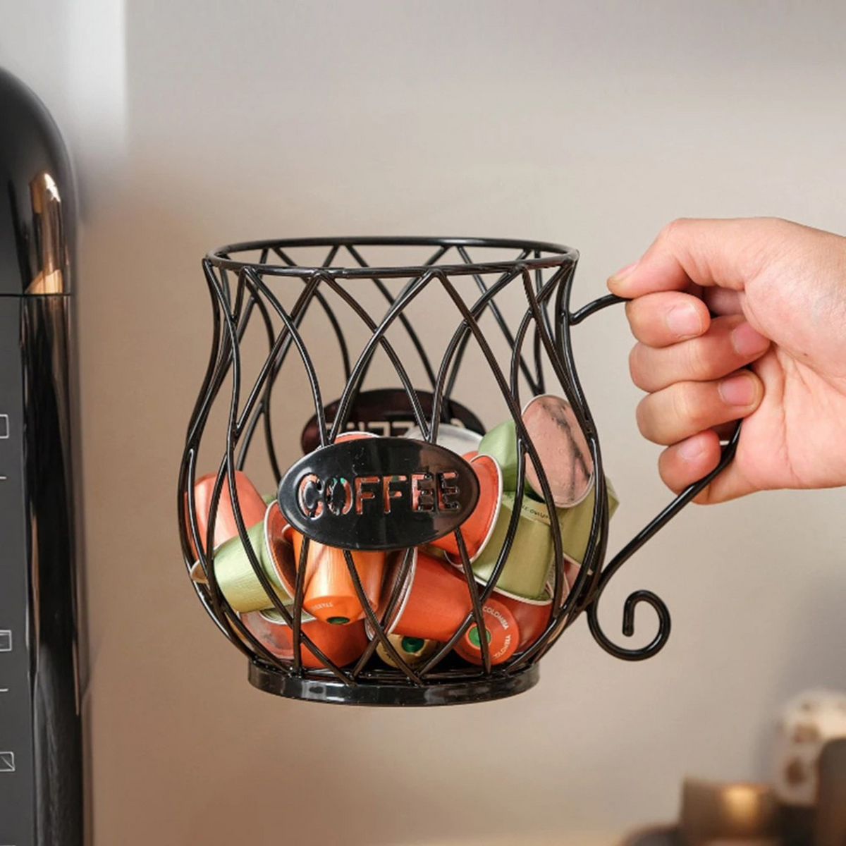 Wrought Iron Coffee Capsule Holder with Cup-Shaped Design and Handle