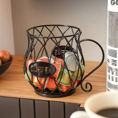Wrought Iron Coffee Capsule Holder with Cup-Shaped Design and Handle