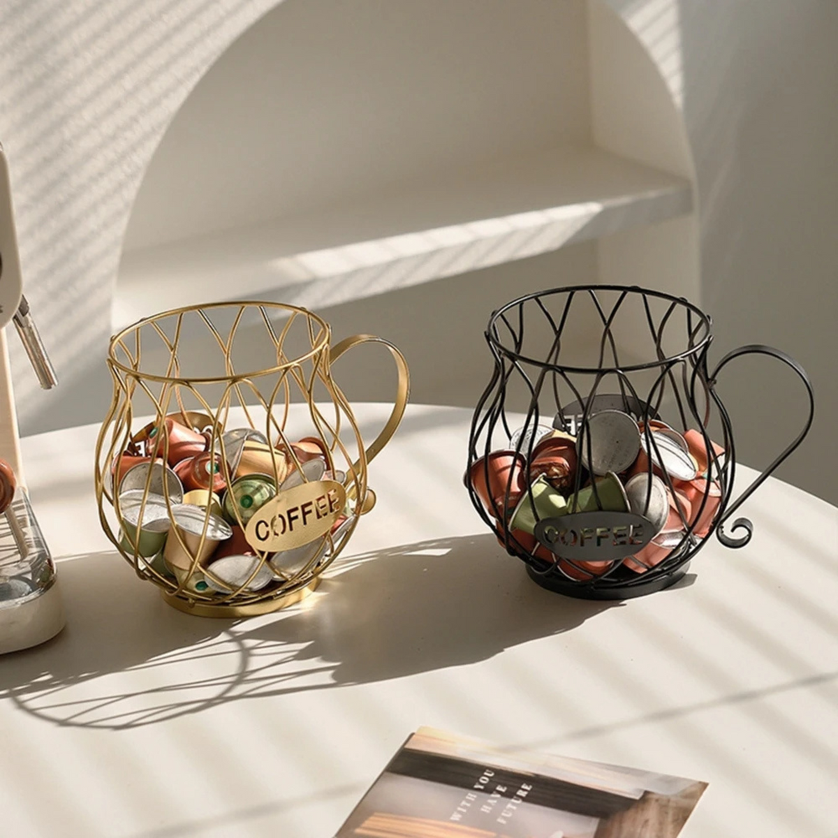 Wrought Iron Coffee Capsule Holder with Cup-Shaped Design and Handle