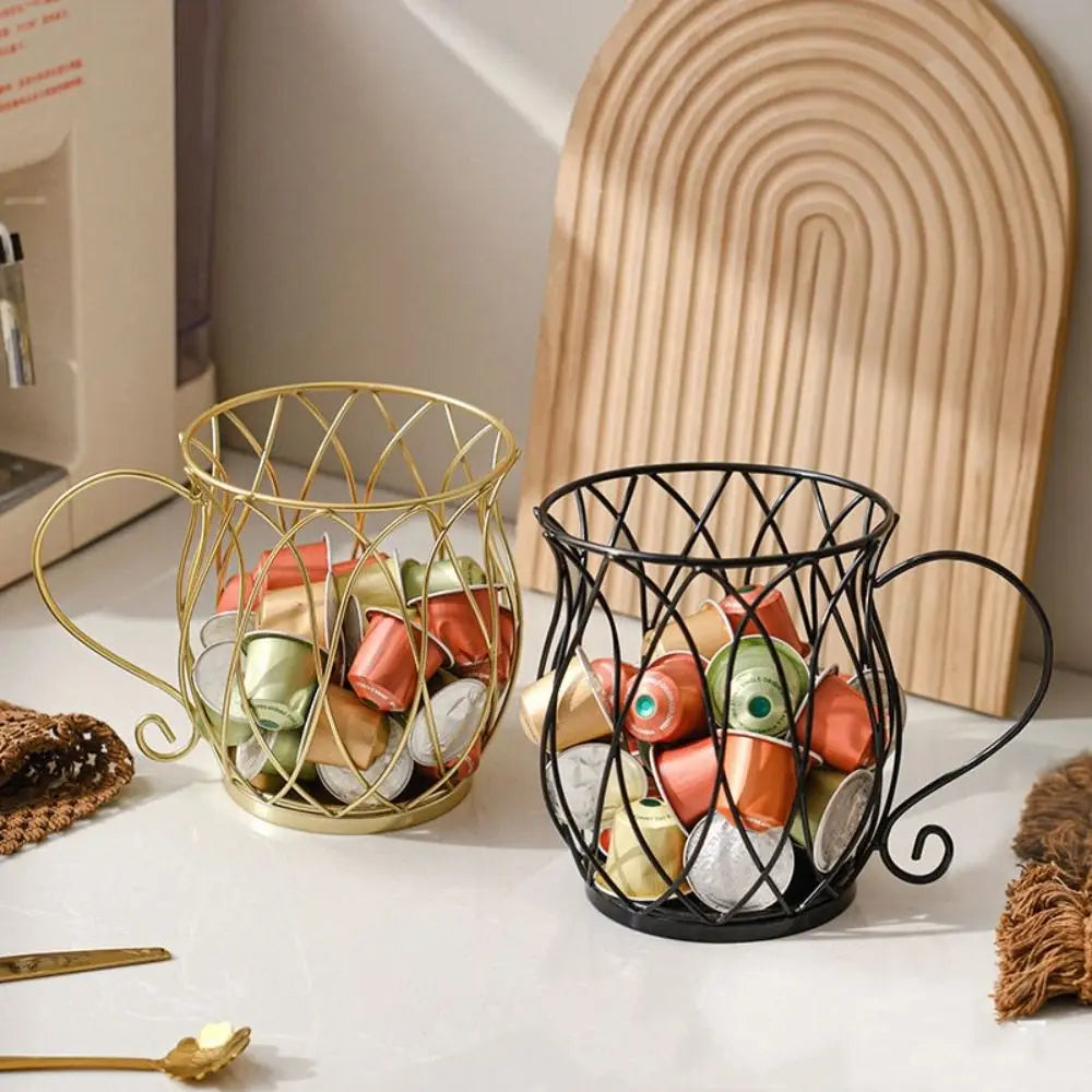 Wrought Iron Coffee Capsule Holder with Cup-Shaped Design and Handle