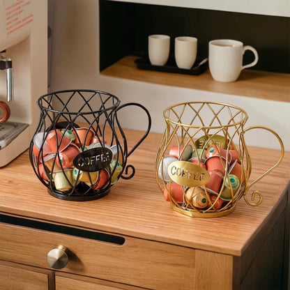 Wrought Iron Coffee Capsule Holder with Cup-Shaped Design and Handle