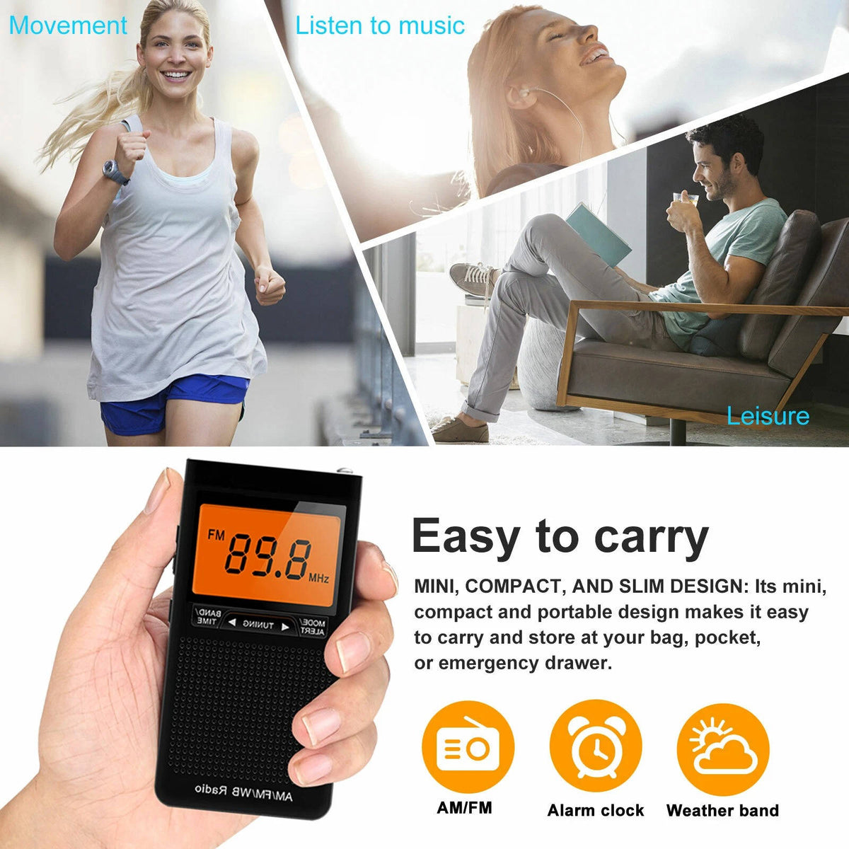 Portable AM FM Pocket Radio with Weather Alerts Digital Tuning Alarm Clock and Sleep Timer