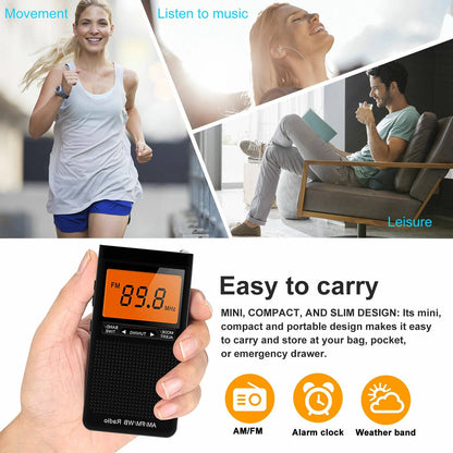 Portable AM FM Pocket Radio with Weather Alerts Digital Tuning Alarm Clock and Sleep Timer