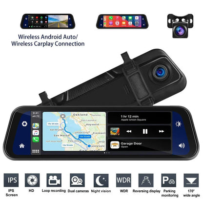 4K Front Rear Dash Cam Mirror with CarPlay Driving Assistant