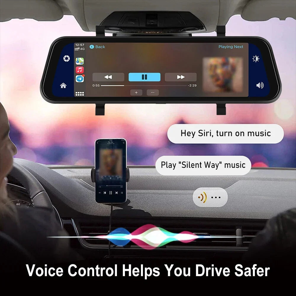 4K Front Rear Dash Cam Mirror with CarPlay Driving Assistant