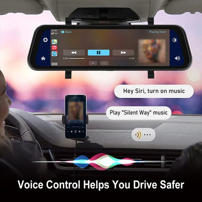 4K Front Rear Dash Cam Mirror with CarPlay Driving Assistant