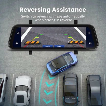 4K Front Rear Dash Cam Mirror with CarPlay Driving Assistant